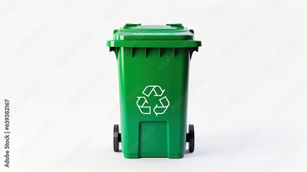 Garbage containers on a white background with a recycling symbol on them. Created with Generative Ai technology. Garbage containers on a white background with a recycling symbol on them. Created with Generative Ai technology.