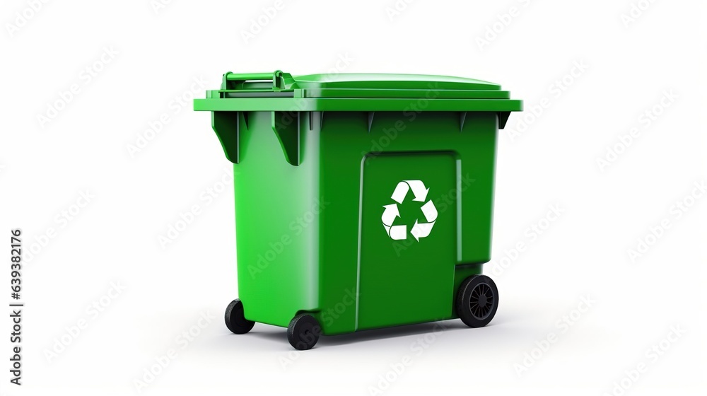 Garbage containers on a white background with a recycling symbol on them. Created with Generative Ai technology. Garbage containers on a white background with a recycling symbol on them. Created with Generative Ai technology.
