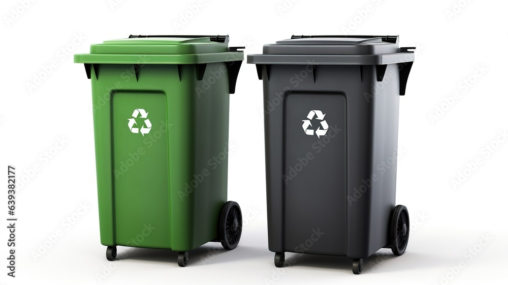 Garbage containers on a white background with a recycling symbol on them. Created with Generative Ai technology. Garbage containers on a white background with a recycling symbol on them. Created with Generative Ai technology.