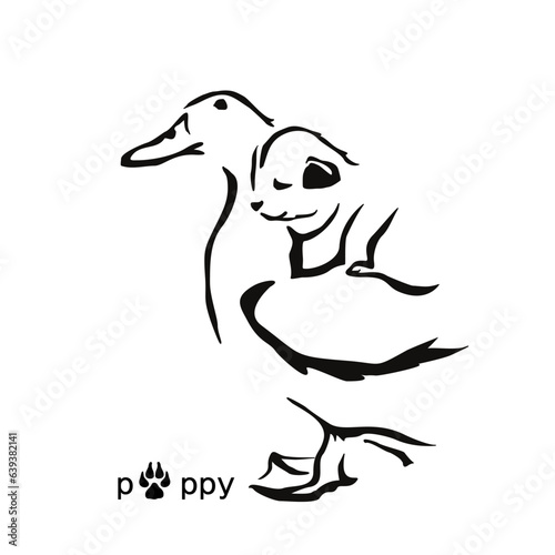 Cute puppy hugging a duck. Happy inseparable dog and bird. Stylized graphic gestalt image animals