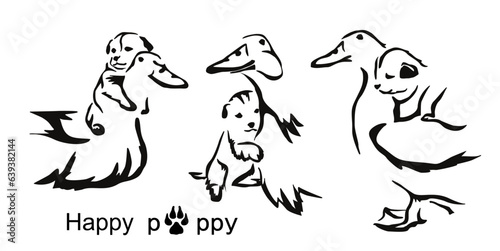 Cute puppy hugging a duck. Happy inseparable dog and bird. Stylized graphic gestalt image animals