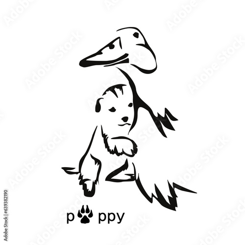 Cute puppy hugging a duck. Happy inseparable dog and bird. Stylized graphic gestalt image animals