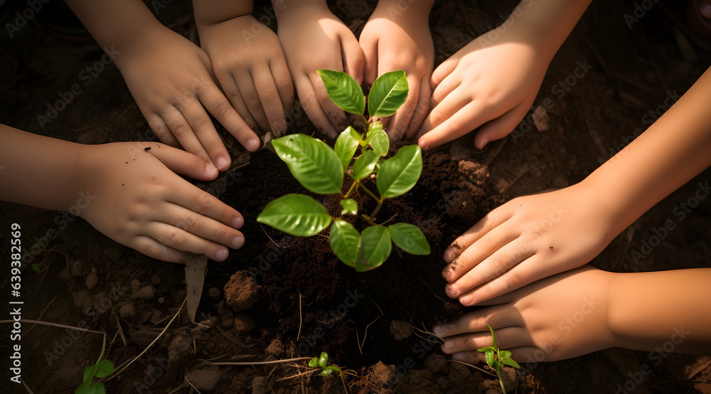 Hands of children planting a tree in the ground. Save nature concept. Hands of children planting a tree in the ground. Save nature concept.
