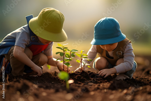 Two little children planting tree in the garden. Earth day concept.