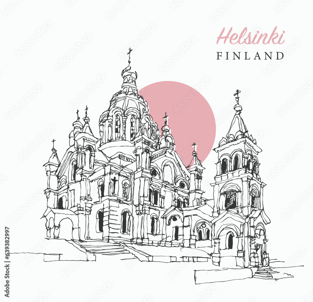 Drawing sketch illustration of the Uspenski Cathedral in Helsink, Finland