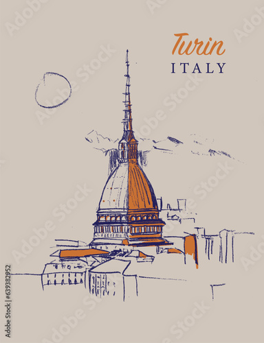 Drawing sketch illustration of Turin, ıtaly