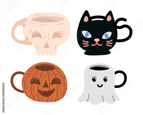 Halloween ghost mugs. Autumn holiday pumpkin monster cups. Fall skull and black cat stickers set. 