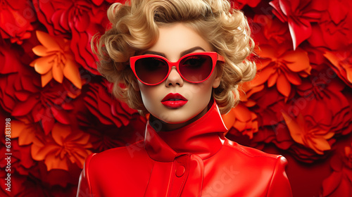 Portrait of a blonde woman with sunglasses on a red background. Generative AI