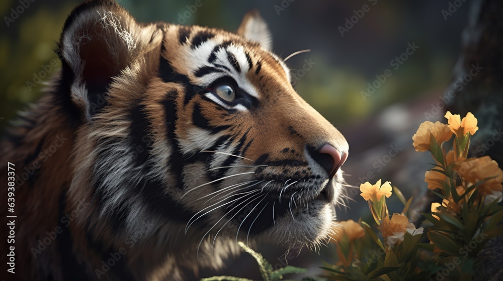 Obraz premium Cute and adorable tiger cub smelling fresh spring flower in the deep forest. New beginning. Outdoor background. Wild nature illustration.