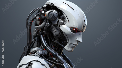 A futuristic robot with red eyes and