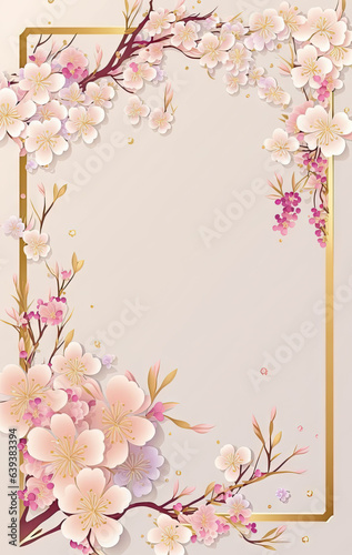 cherry blossom background with gold frame, illustration 