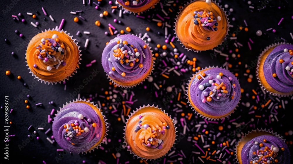 Assorted Halloween themed cupcakes against a dark background