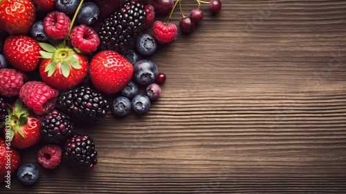 Assortment of fresh berries on a wooden background