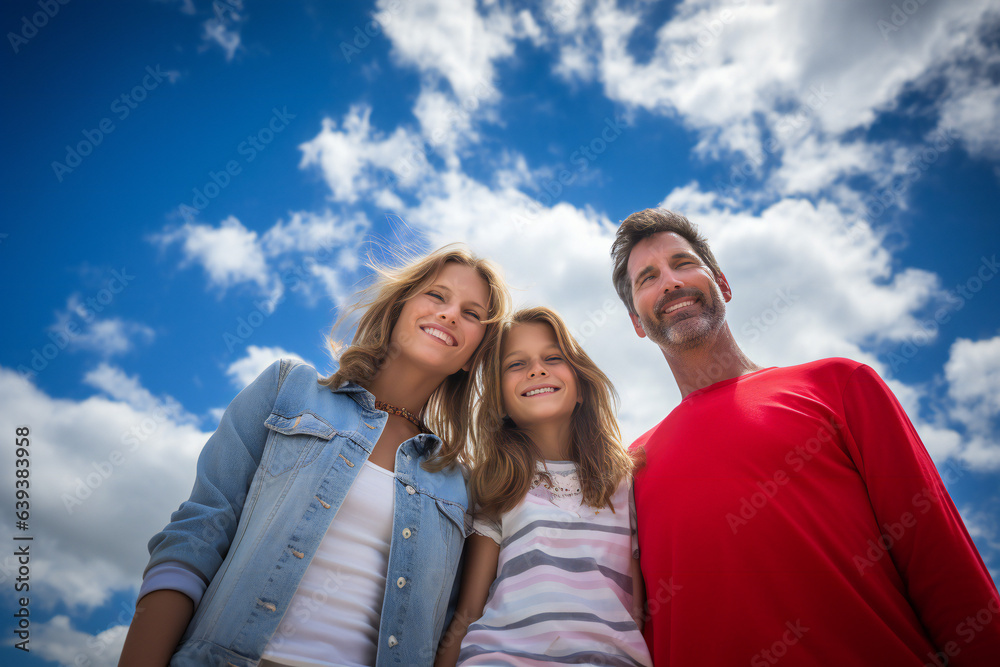 Father with daughters, blue sky in background, a portrait