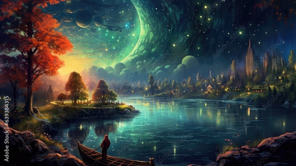 Playful and lively artwork showcasing a scenic night scene