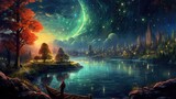 Playful and lively artwork showcasing a scenic night scene