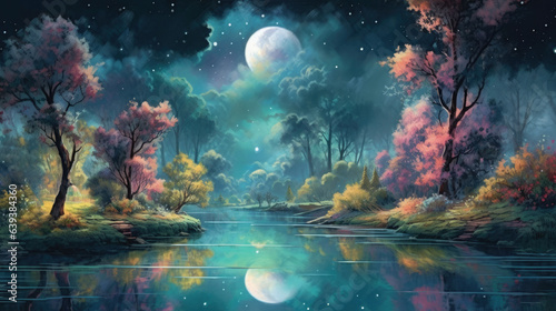 Majestic and magical illustration of a nighttime landscape