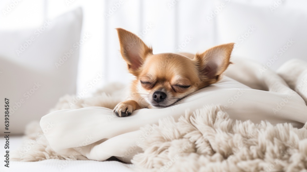 Chihuahua dog sleeping in a cozy bedroom, cute lap pet, indoor background with copy space.