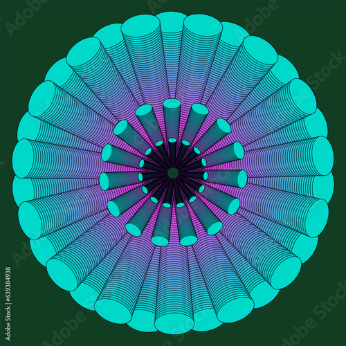 Vector abstract geometric pattern in the form of blue and pink lines arranged in a circle on a green background