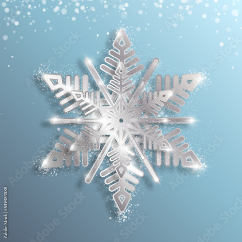 Silver metallic snowflake on a blue background. Christmas New Year element. Frozen silhouette of a snowflake with highlights and sequins, a symbol of winter. Vector EPS 10.