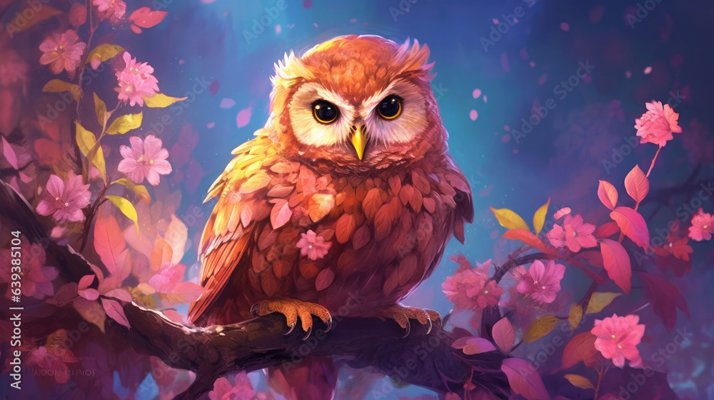 Enchanting and picturesque painting of a cute owl in nature's wildlife