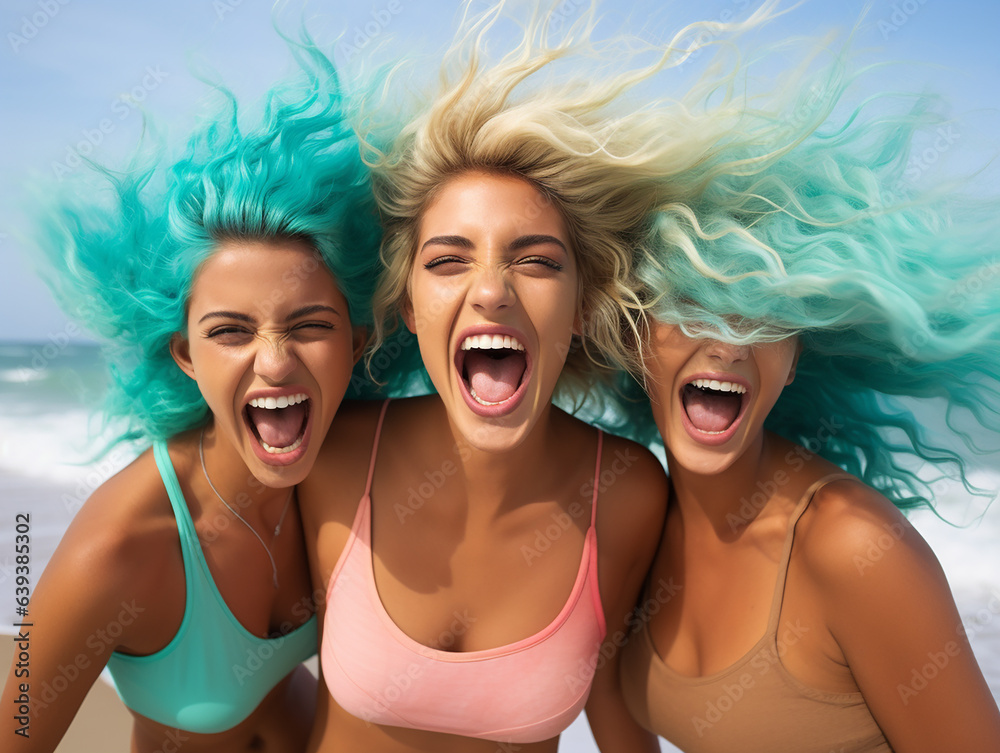 three beautiful blonde women having fun on a sandy beach with a turquoise sea with different unusual hairstyles