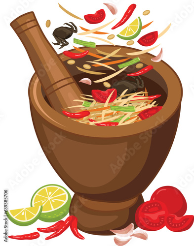 Thai food, Somtum, Papaya salad and ingredients pepper, tomato, lemon and garlic on white background.