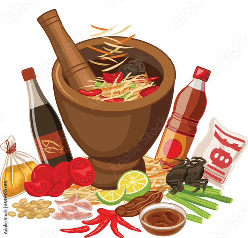 Thai food, Somtum, Papaya salad and ingredients pepper, tomato, lemon and garlic on white background.