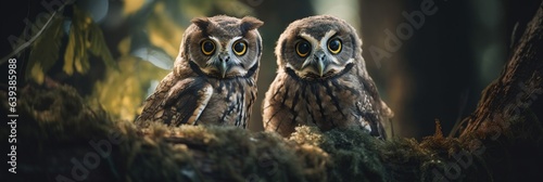 Fototapete Beautiful and cute owlets in deep forest