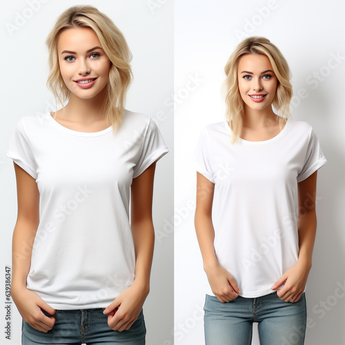 Front and back views of young woman in stylish t-shirt on white background. Mockup for design, ai technology