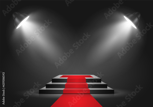 Podium with red carpet on dark background illuminated by spotlights. Empty pedestal for award ceremony or presentation. Vector illustration.