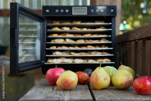 Preparation of fruit chips. Electric dehydrator with open door. Inside, shelves with fruit slices. Pears and apples in the foreground. photo