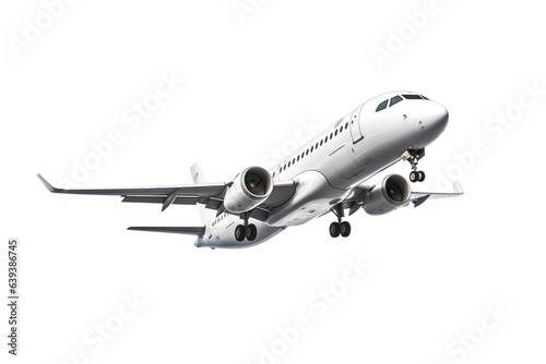Flying up passenger airplane. A white jet plane flying. Isolated on Transparent background.
