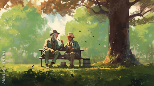 Two elderly people have a talk sitting on a bench at a beautiful park © nanihta