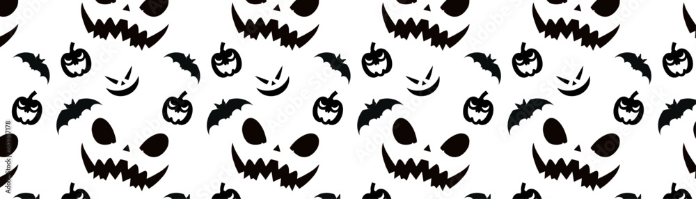 Eerie Halloween Night: Seamless Vector Illustration with Bats, Pumpkins, Witch Hats, and Jack o' Lantern Faces on a Spooky Background
