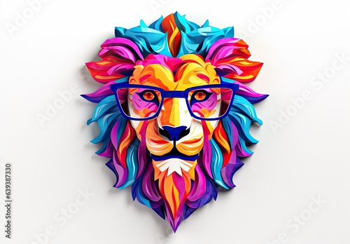 Close-up of a colorful muzzle of a lion with glasses on a white background. Painted figurine of leo made of ceramics, plasticine, plastic, other material. Can be printed on t-shirt and other products.