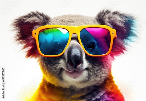 Close-up of a smiling koala with sunglasses. A toy fluffy tree australian bear is looking at us. Digital art. Cute cartoon character. Illustration for card, poster, cover, print, etc.