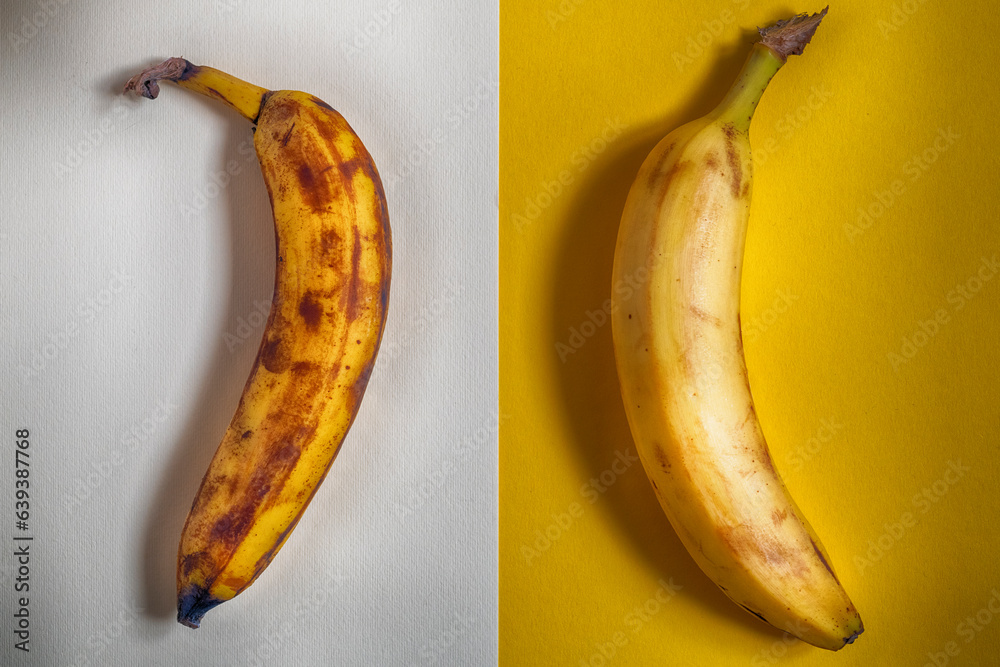 Super ripe and ripe bananas. Top view on a colored background. Super ripe and ripe bananas. Top view on a colored background.