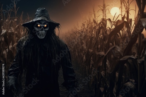 Halloween. Horrific scene of a corn field with a scary scarecrow.  photo