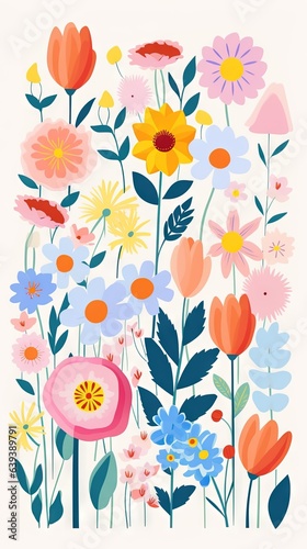 Fleurs, feuilles, plantes et papillons volants multicolores abstraits sans couture. Vecteurs de motif isolés sur fond blanc, illustration panoramique prairie d'été. IA générative, générative, IA.