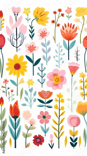 Fleurs, feuilles, plantes et papillons volants multicolores abstraits sans couture. Vecteurs de motif isolés sur fond blanc, illustration panoramique prairie d'été. IA générative, générative, IA.