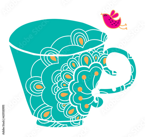Whimsical doodle tea cup with brightly colored birds and retro filters