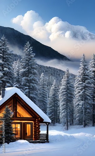 A cozy cabin nestled in the mountains, smoke rising, surrounded by a winter wonderland © BakiBullah