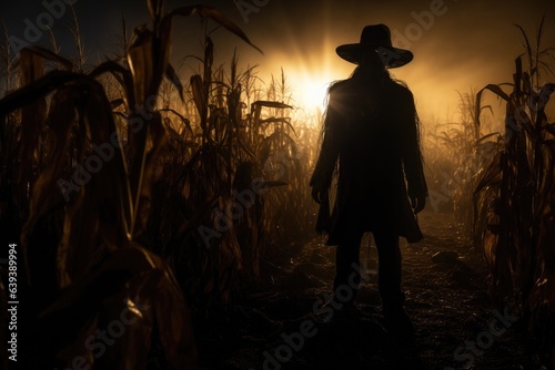 Halloween. Horrific scene of a corn field with a scary scarecrow.  photo