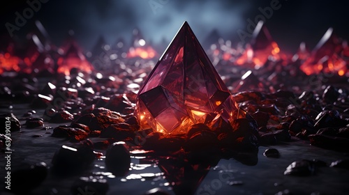 Ruby shard IOTA on a noir surface. Expressing the concept of feeless microtransactions in blockchain photo