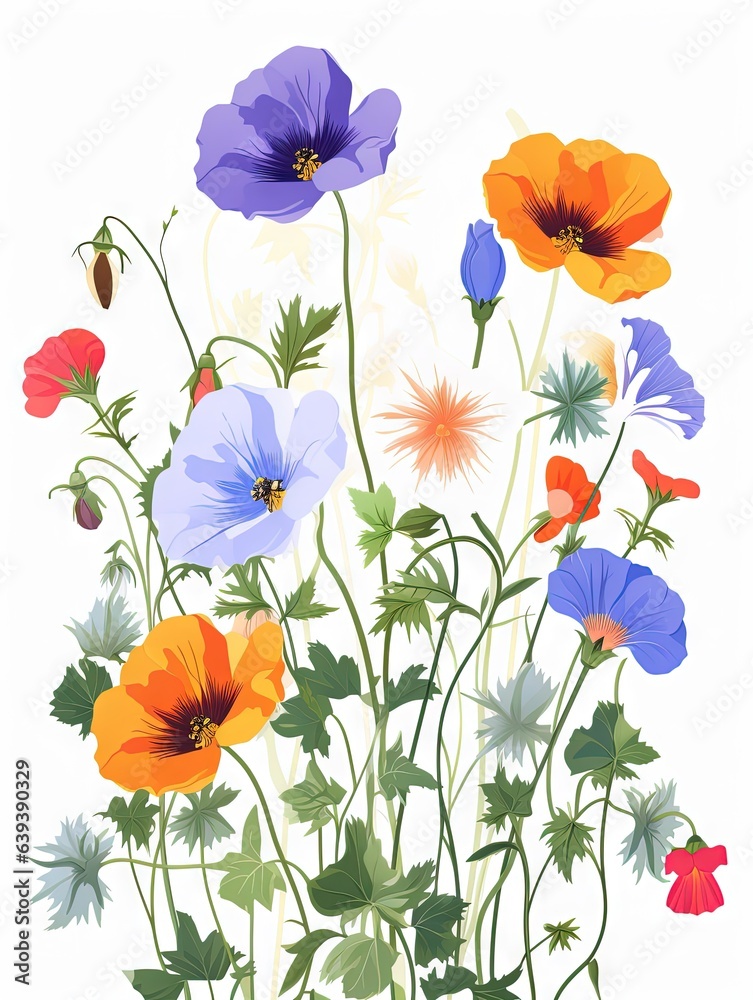 Fototapeta premium Fleurs, feuilles, plantes et papillons volants multicolores abstraits sans couture. Vecteurs de motif isolés sur fond blanc, illustration panoramique prairie d'été. IA générative, générative, IA.