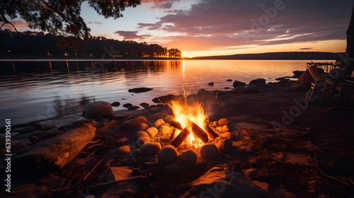 Small campfire with gentle flames beside a lake during a glowing sunset. Western Australia © Oleksandr