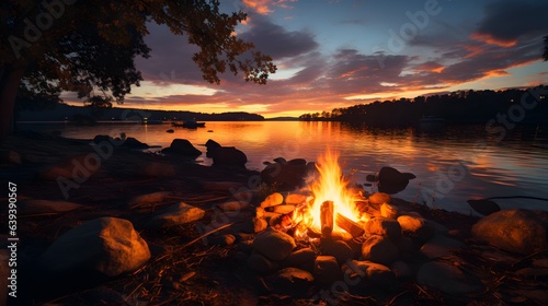 Small campfire with gentle flames beside a lake during a glowing sunset. Western Australia