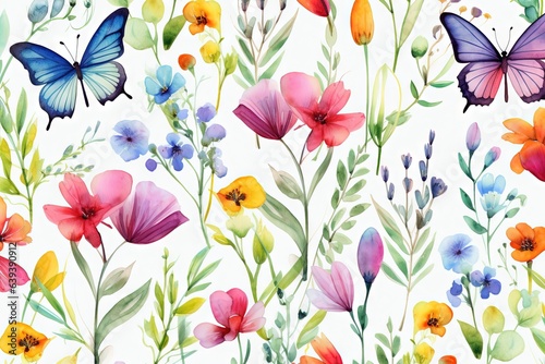 Fleurs  feuilles  plantes et papillons volants multicolores abstraits sans couture. Vecteurs de motif isol  s sur fond blanc  illustration panoramique prairie d   t  . IA g  n  rative  g  n  rative  IA.