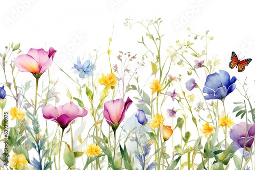 Fleurs, feuilles, plantes et papillons volants multicolores abstraits sans couture. Vecteurs de motif isolés sur fond blanc, illustration panoramique prairie d'été. IA générative, générative, IA. photo